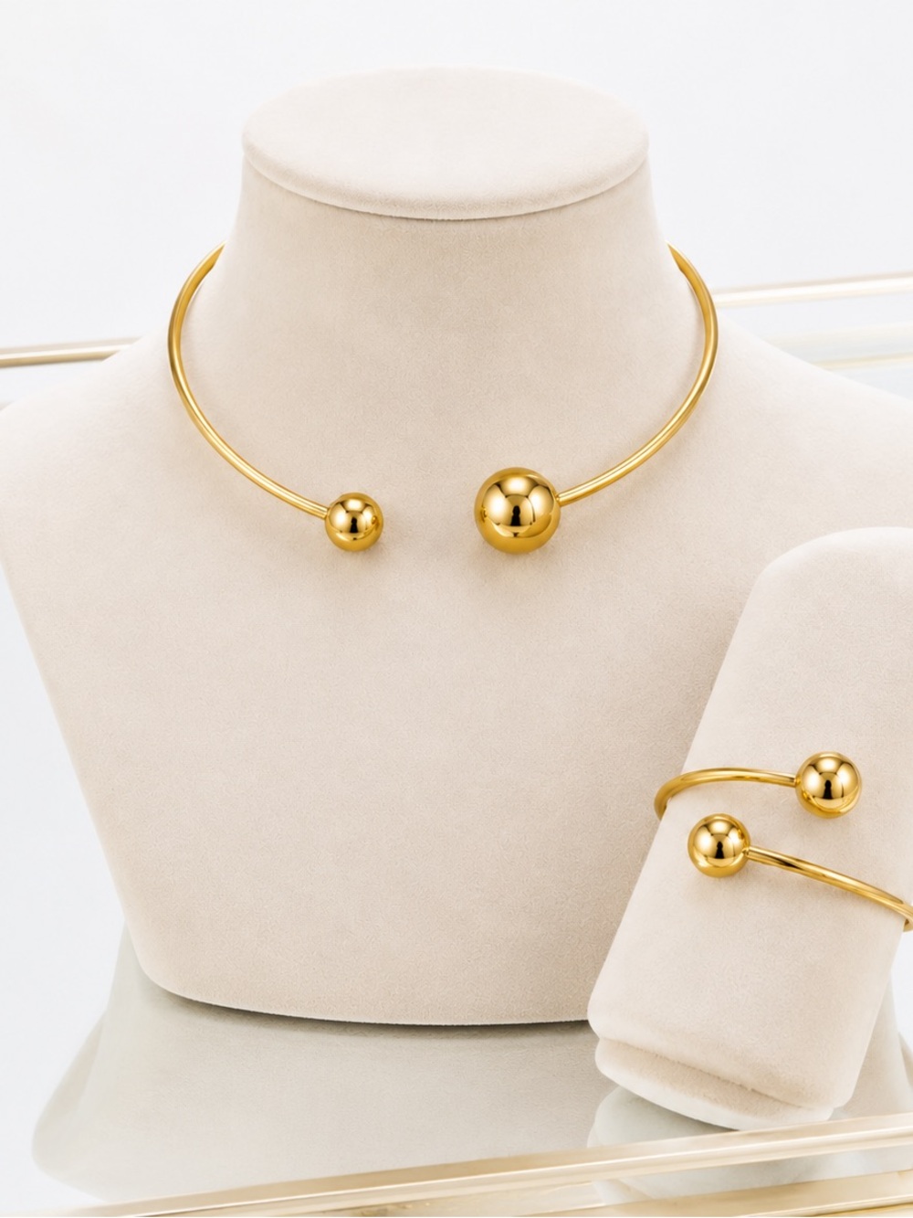 Gold Open-Ending Ball Choker Necklace with Matching Bracelet - Women Jewelry